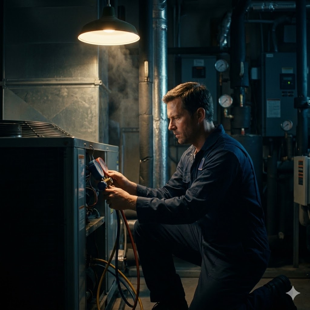 HVAC technician working with gauges