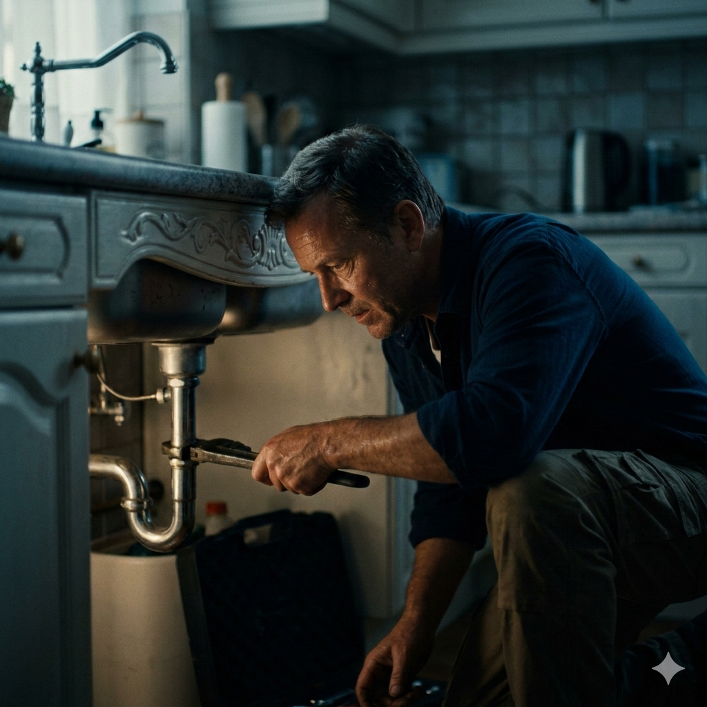 Plumber working under a sink